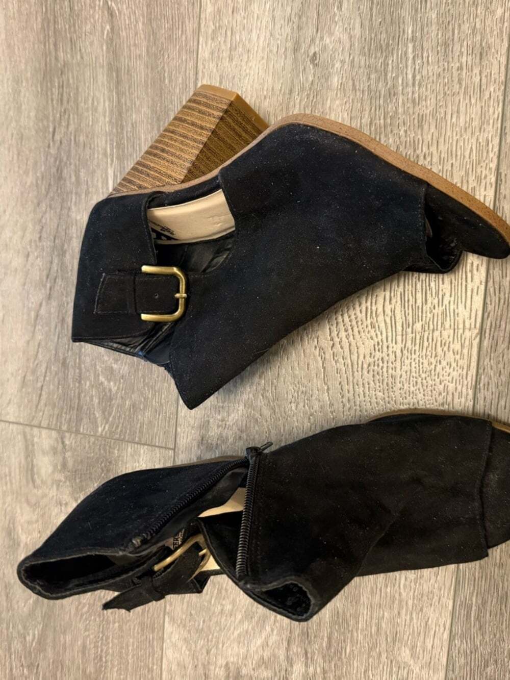 Fergalicious Black Suede Peep-Toe Ankle Boots with Stacked Wood Heel size 8.5